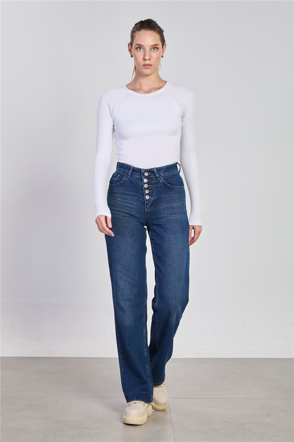 Kadın Beş Düğmeli Palazzo Jean Pantolon - Kahve Tint