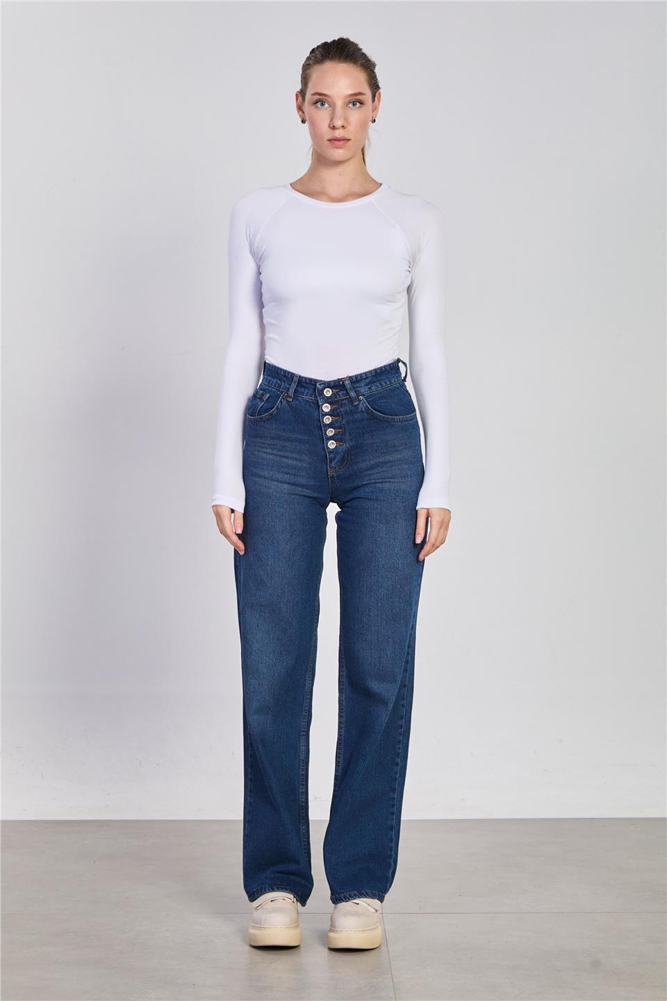 Kadın Beş Düğmeli Palazzo Jean Pantolon - Kahve Tint