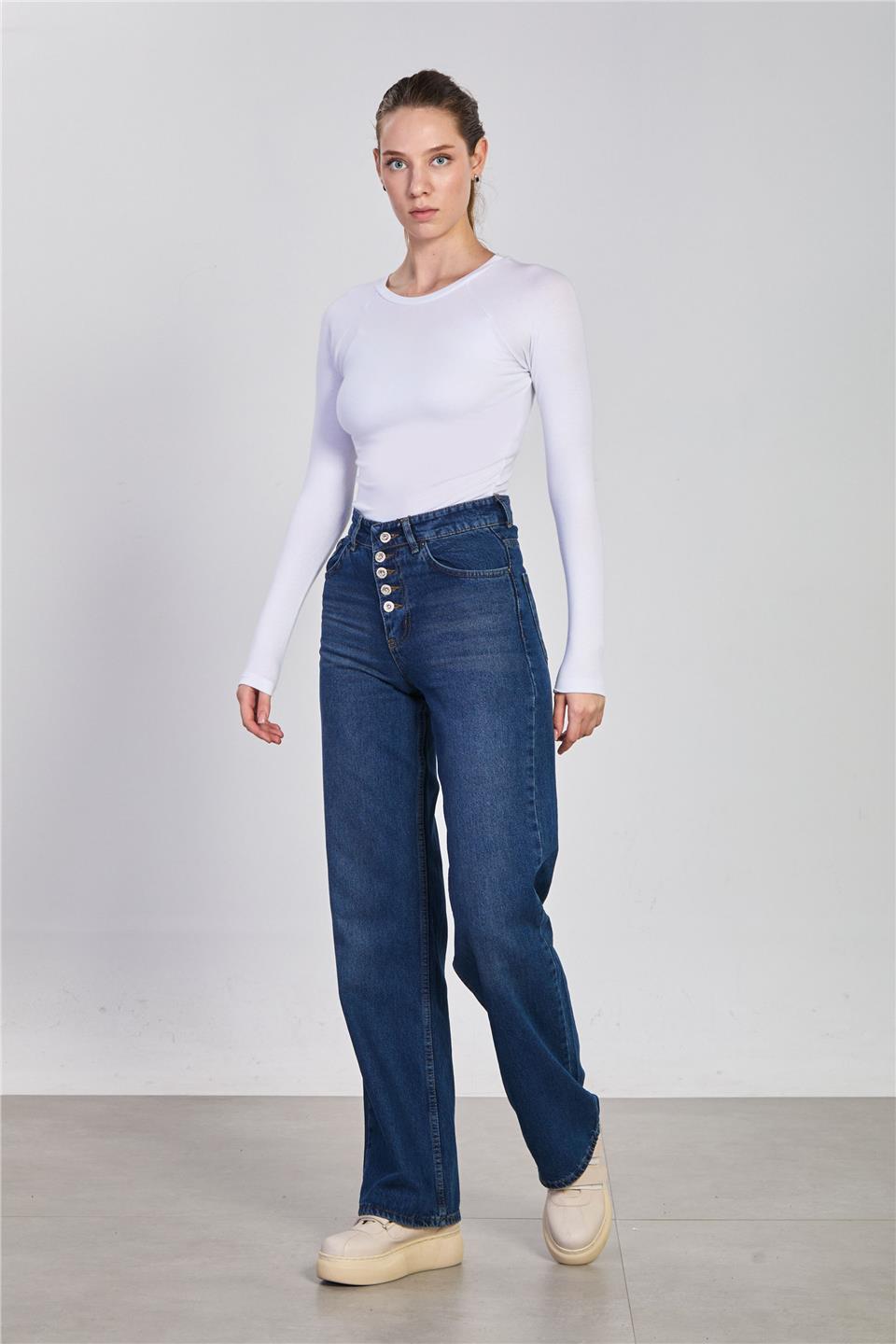 Kadın Beş Düğmeli Palazzo Jean Pantolon - Kahve Tint