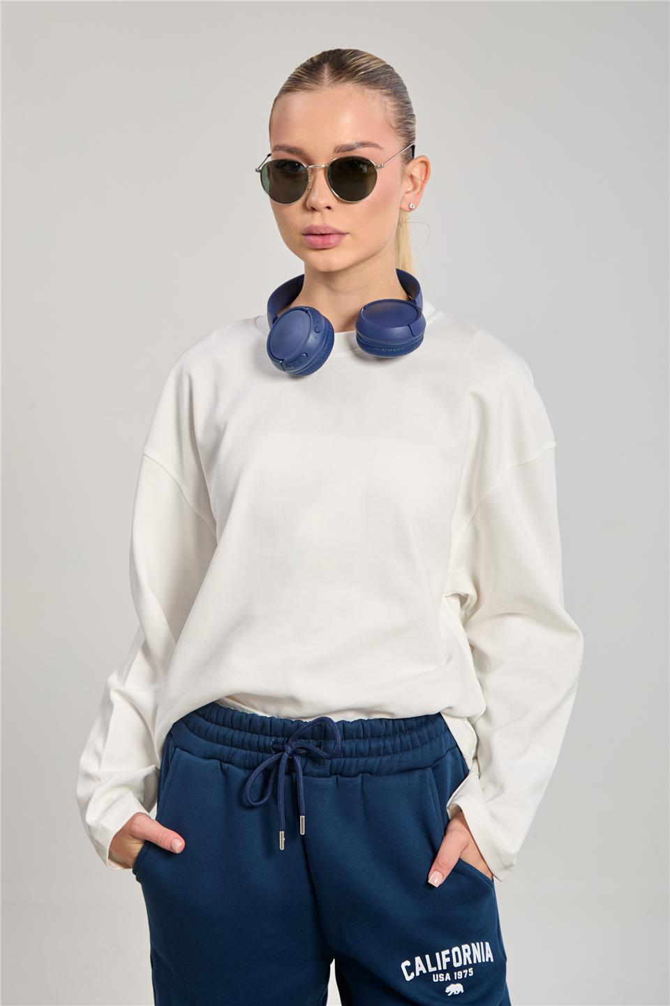 Kadın Bisiklet Yaka Oversize Sweatshirt - Ekru