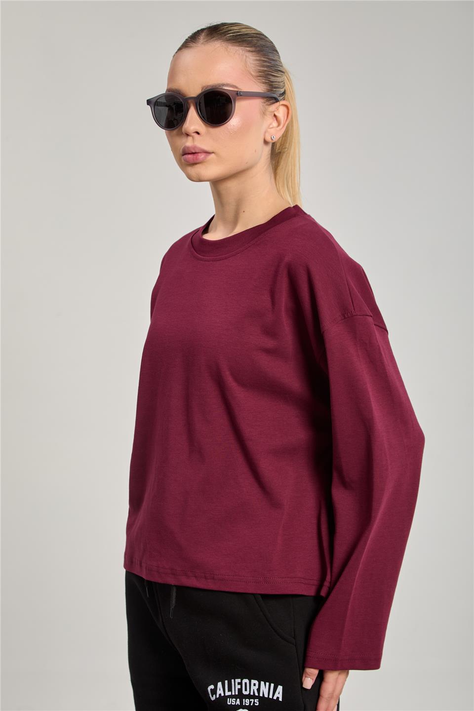 Kadın Bisiklet Yaka Oversize Sweatshirt - Mürdüm 