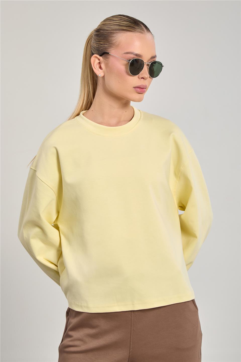Kadın Bisiklet Yaka Oversize Sweatshirt - Sarı