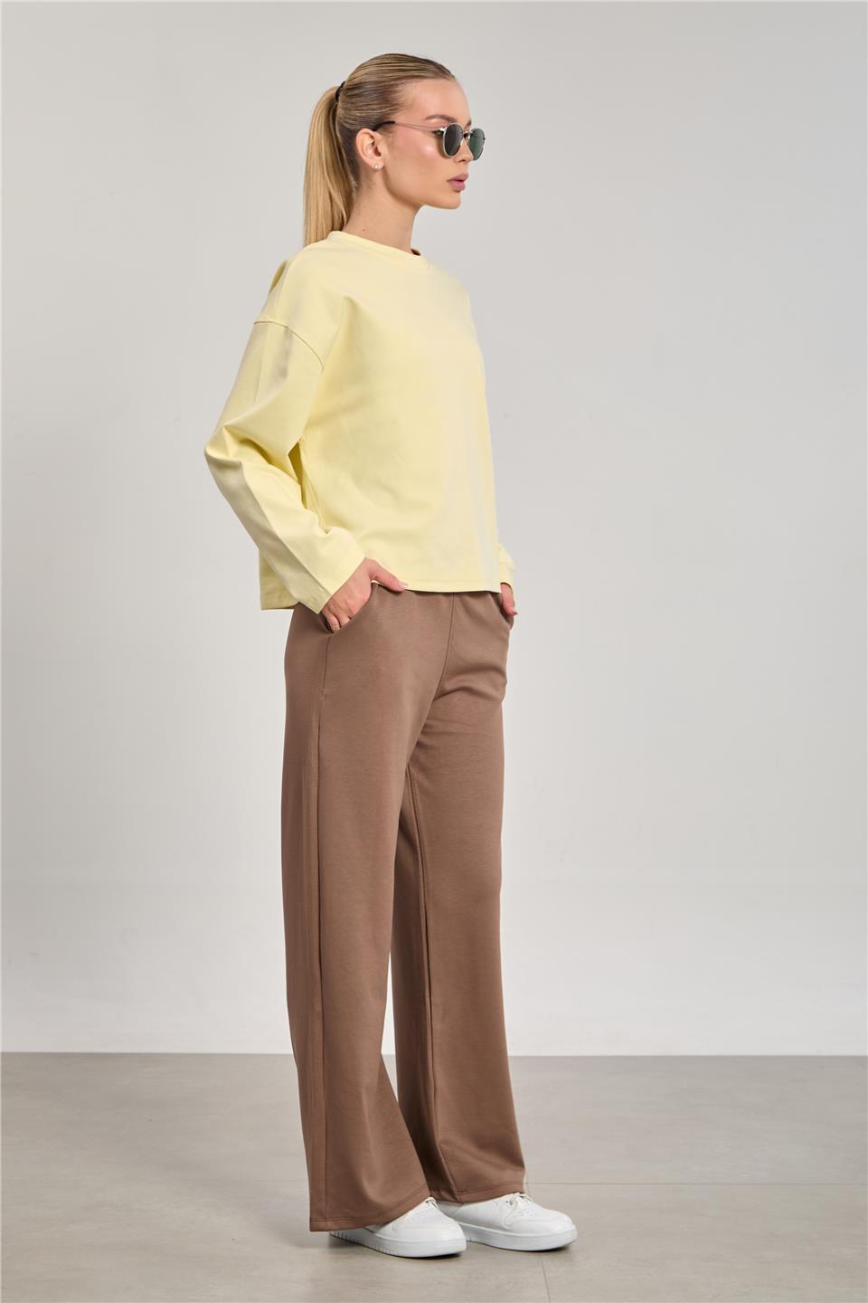 Kadın Bisiklet Yaka Oversize Sweatshirt - Sarı