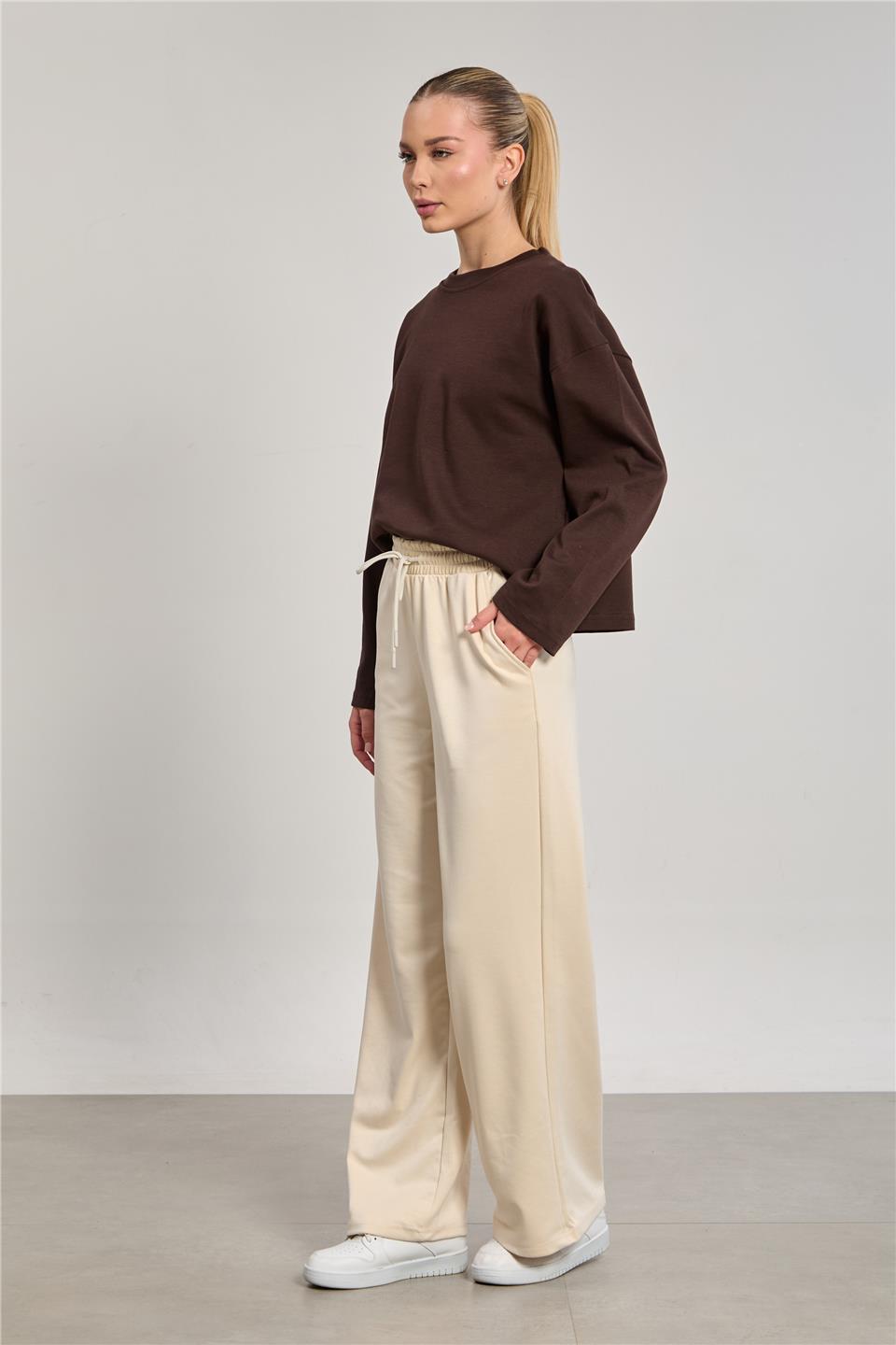 Kadın Bisiklet Yaka Oversize Sweatshirt - Acı Kahve