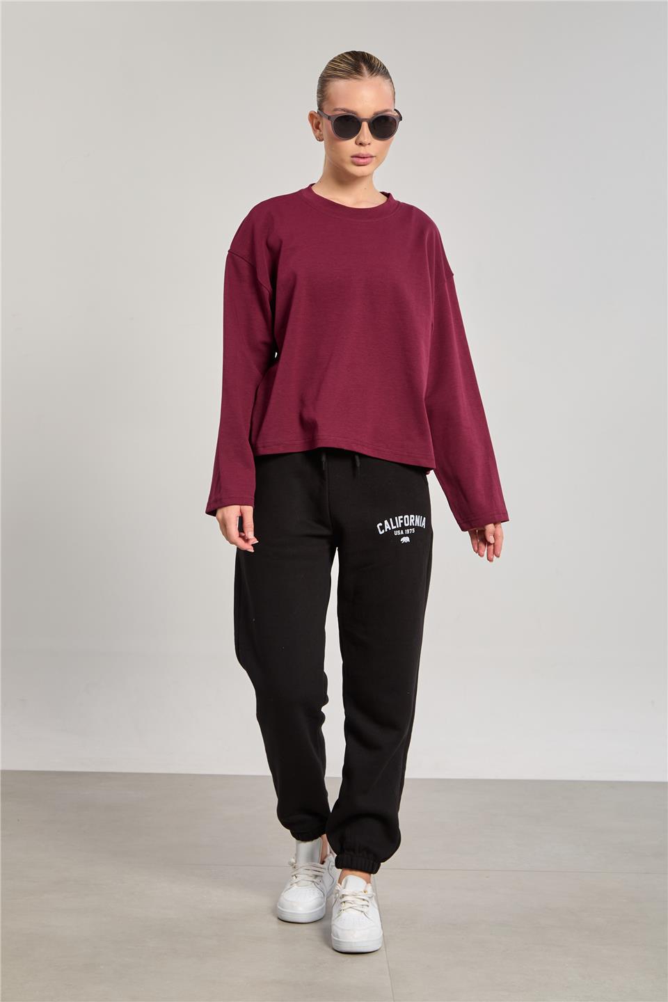Kadın Bisiklet Yaka Oversize Sweatshirt - Mürdüm 