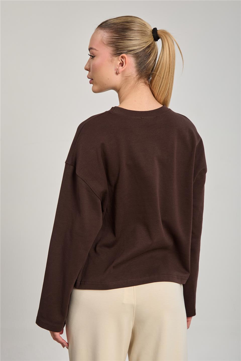 Kadın Bisiklet Yaka Oversize Sweatshirt - Acı Kahve