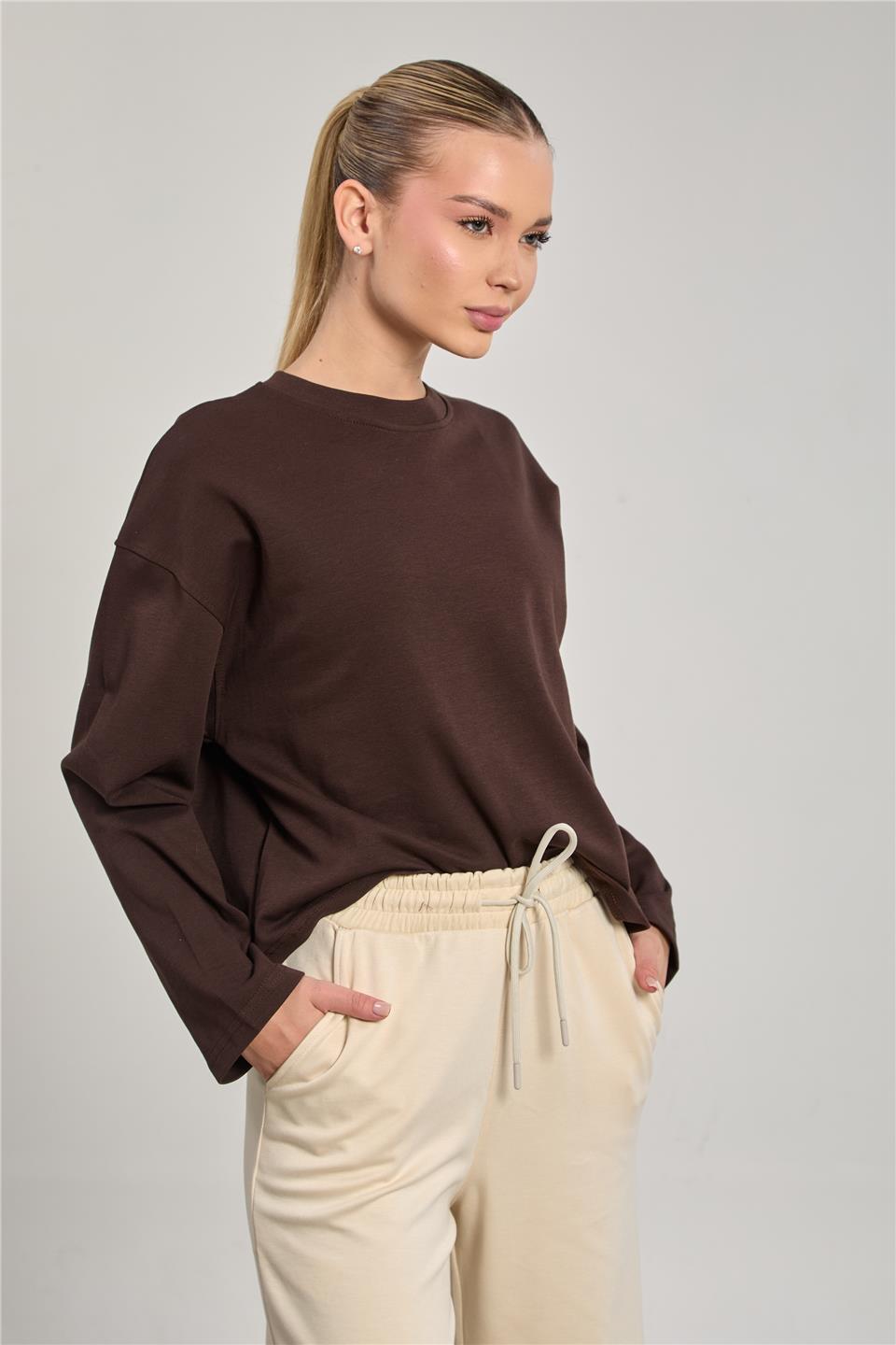 Kadın Bisiklet Yaka Oversize Sweatshirt - Acı Kahve