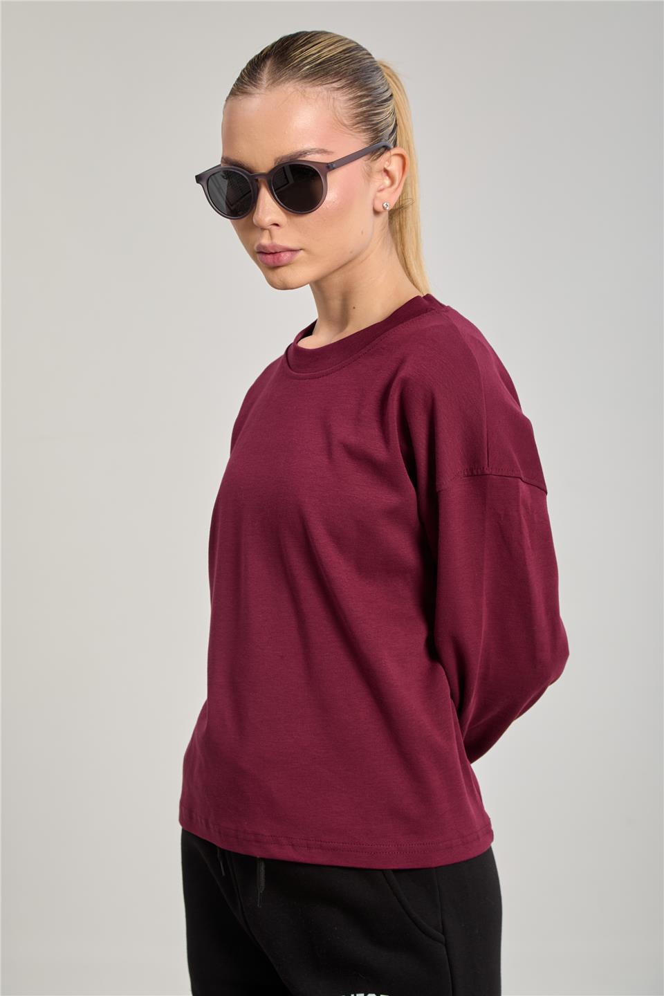 Kadın Bisiklet Yaka Oversize Sweatshirt - Mürdüm 