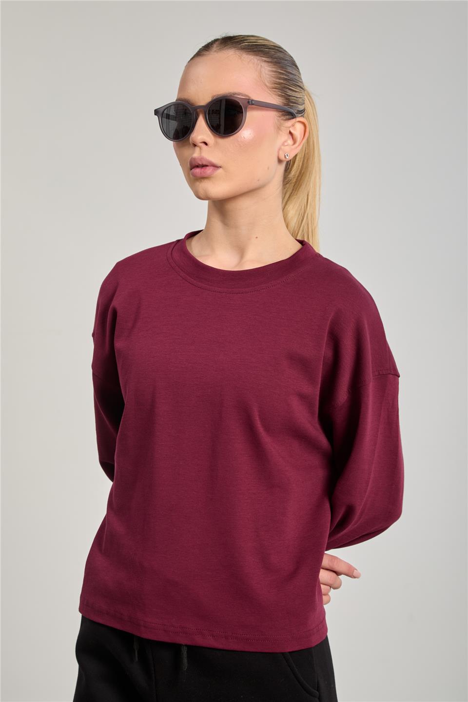 Kadın Bisiklet Yaka Oversize Sweatshirt - Mürdüm 