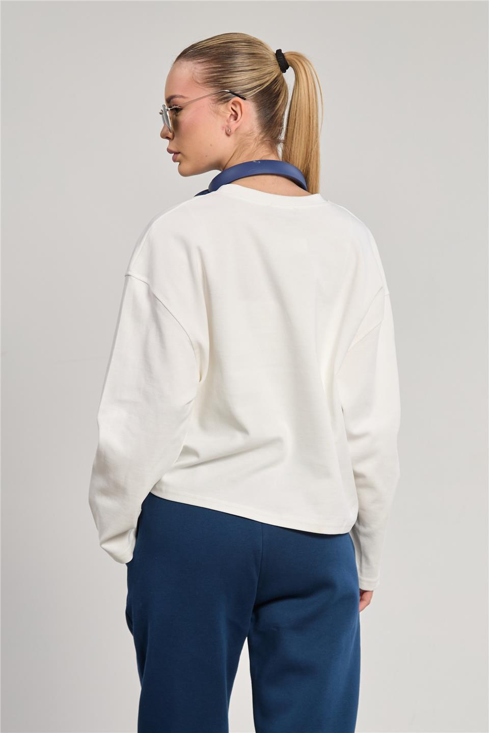 Kadın Bisiklet Yaka Oversize Sweatshirt - Ekru