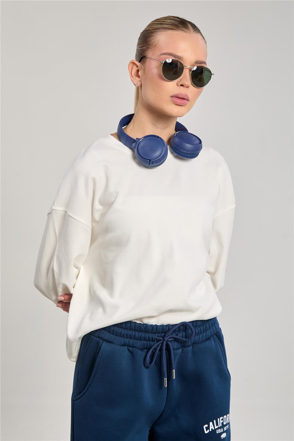 Kadın Bisiklet Yaka Oversize Sweatshirt - Ekru