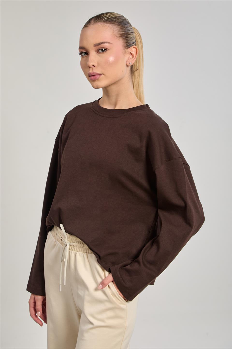 Kadın Bisiklet Yaka Oversize Sweatshirt - Acı Kahve