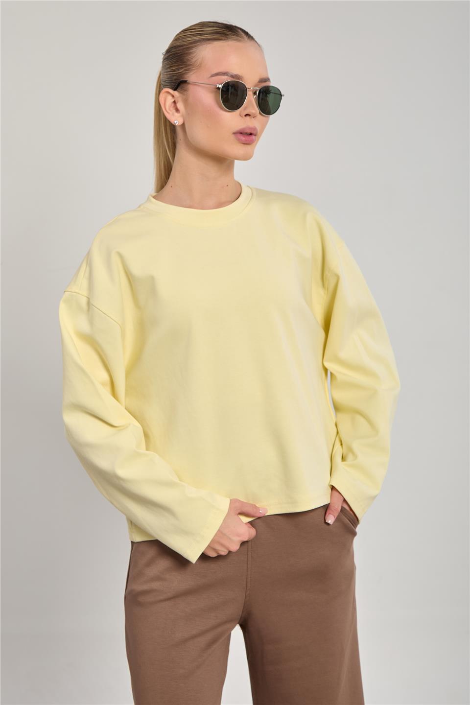 Kadın Bisiklet Yaka Oversize Sweatshirt - Sarı