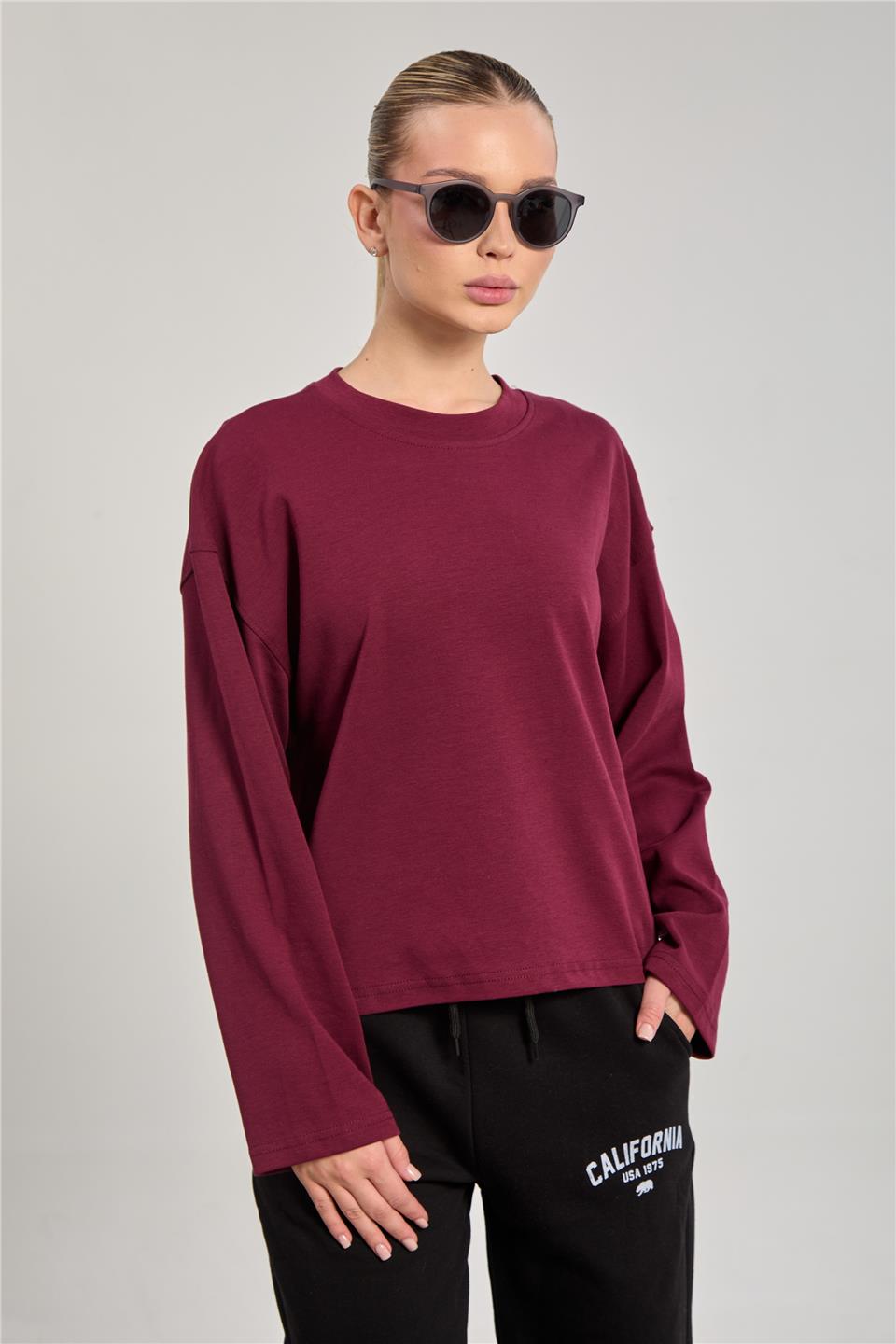 Kadın Bisiklet Yaka Oversize Sweatshirt - Mürdüm 