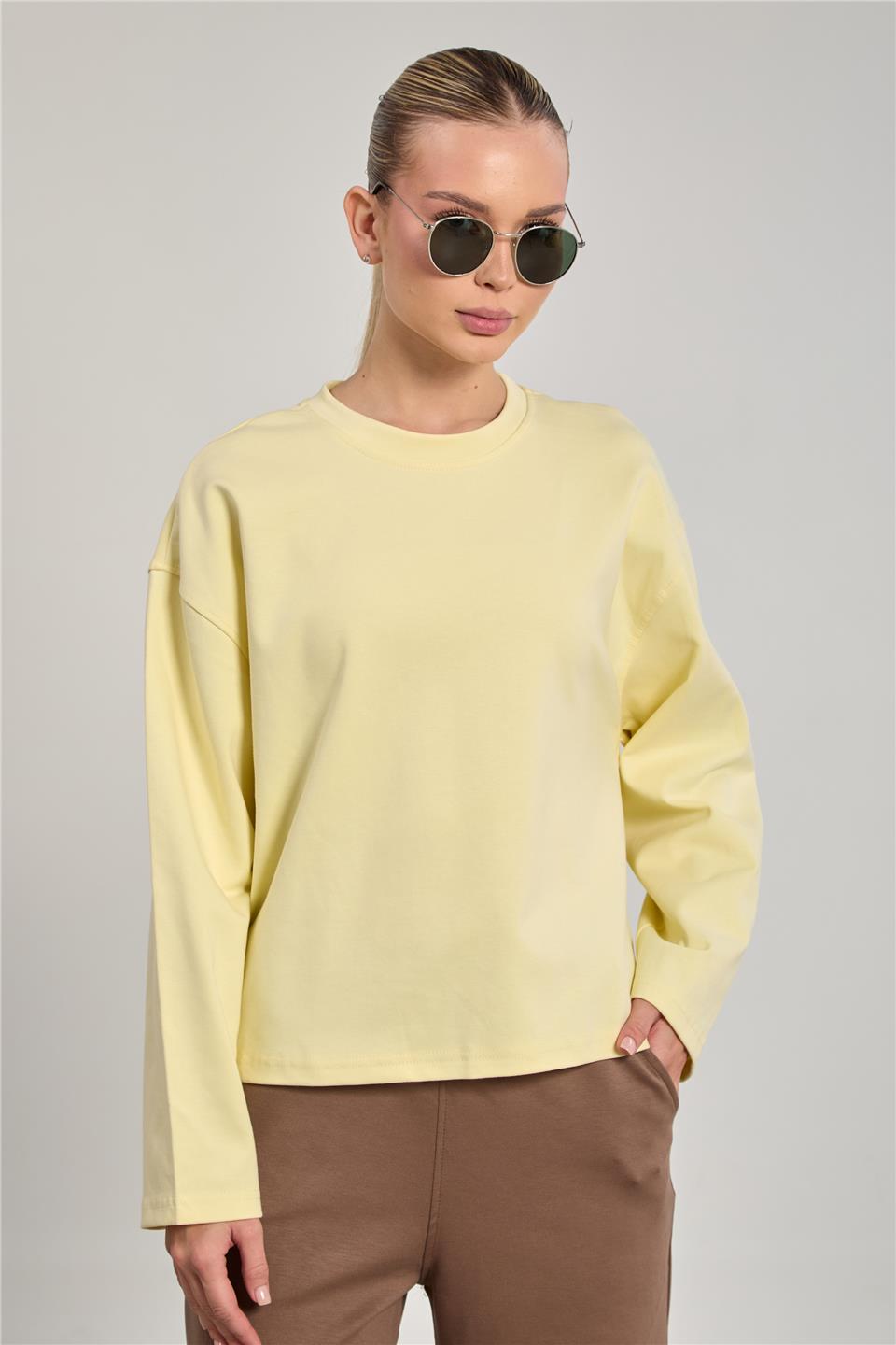 Kadın Bisiklet Yaka Oversize Sweatshirt - Sarı