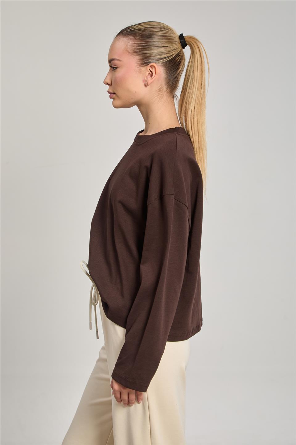 Kadın Bisiklet Yaka Oversize Sweatshirt - Acı Kahve