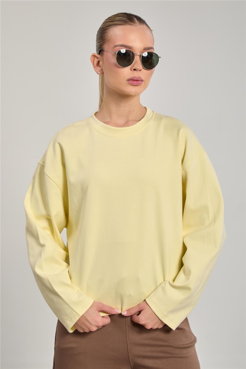 Kadın Bisiklet Yaka Oversize Sweatshirt - Sarı