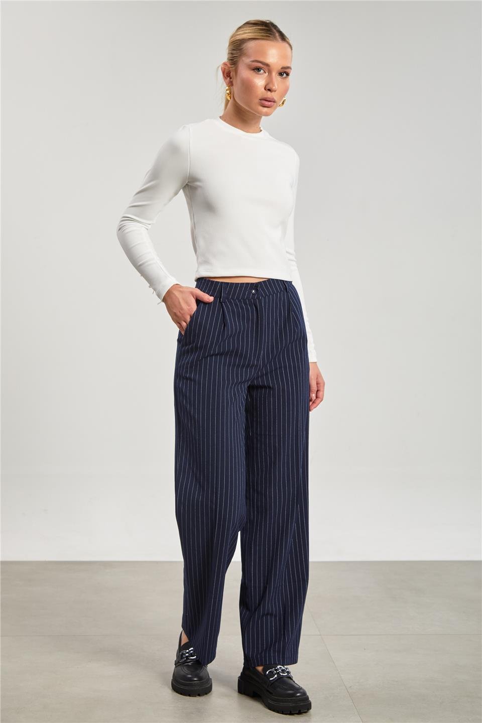 Kadın Çizgili Palazzo Pantolon - Lacivert