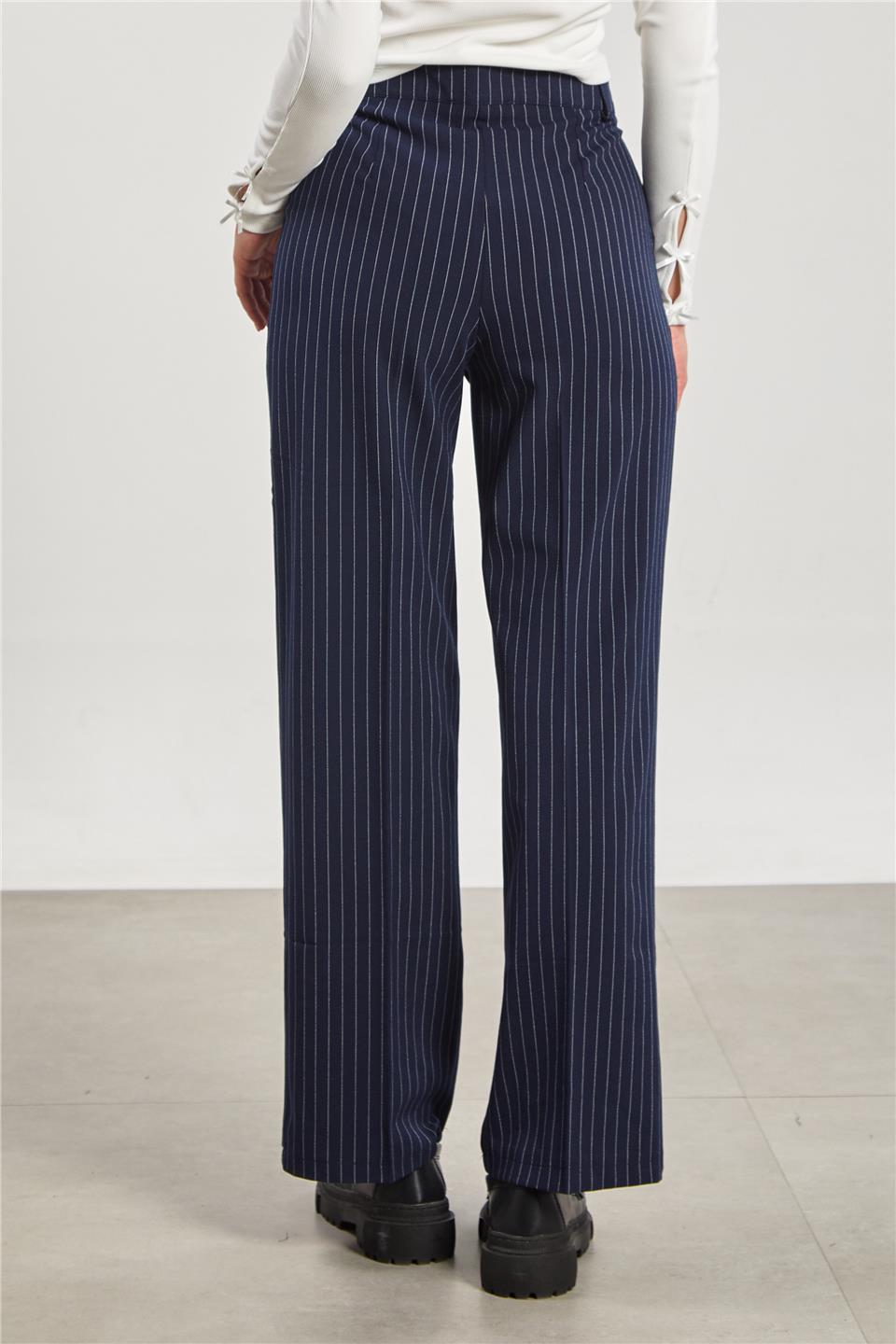 Kadın Çizgili Palazzo Pantolon - Lacivert