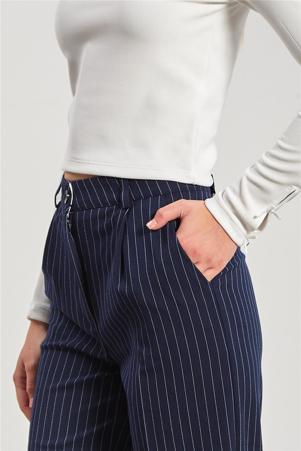 Kadın Çizgili Palazzo Pantolon - Lacivert
