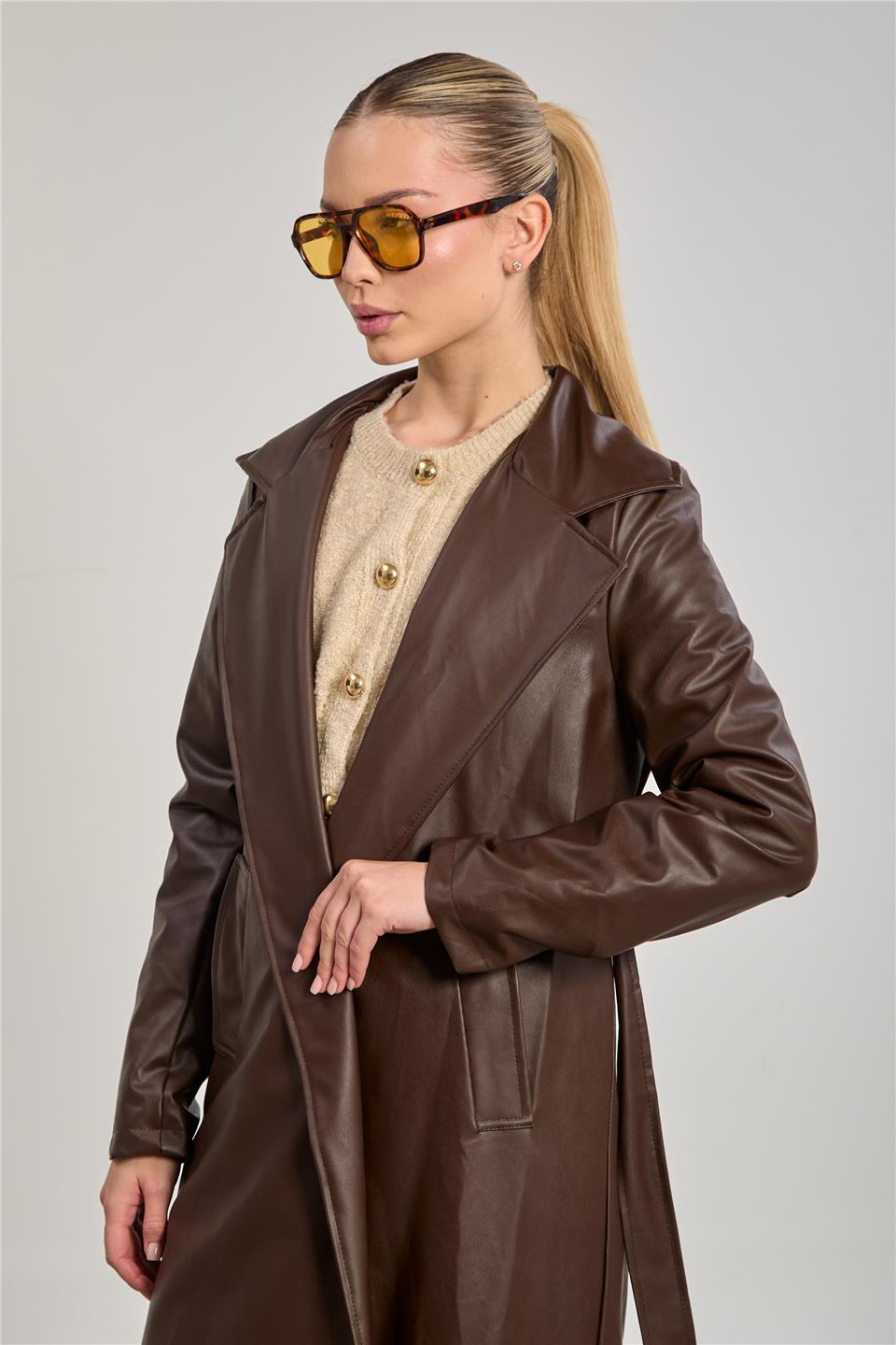 Kadın Deri Görünümlü Suni Trençkot - Acı Kahve