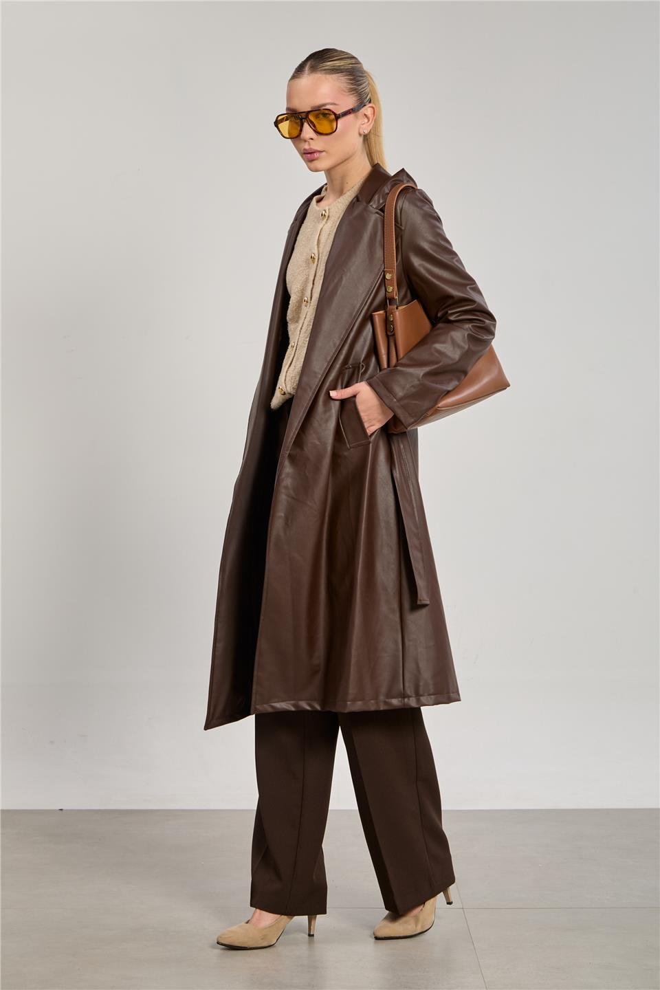 Kadın Deri Görünümlü Suni Trençkot - Acı Kahve