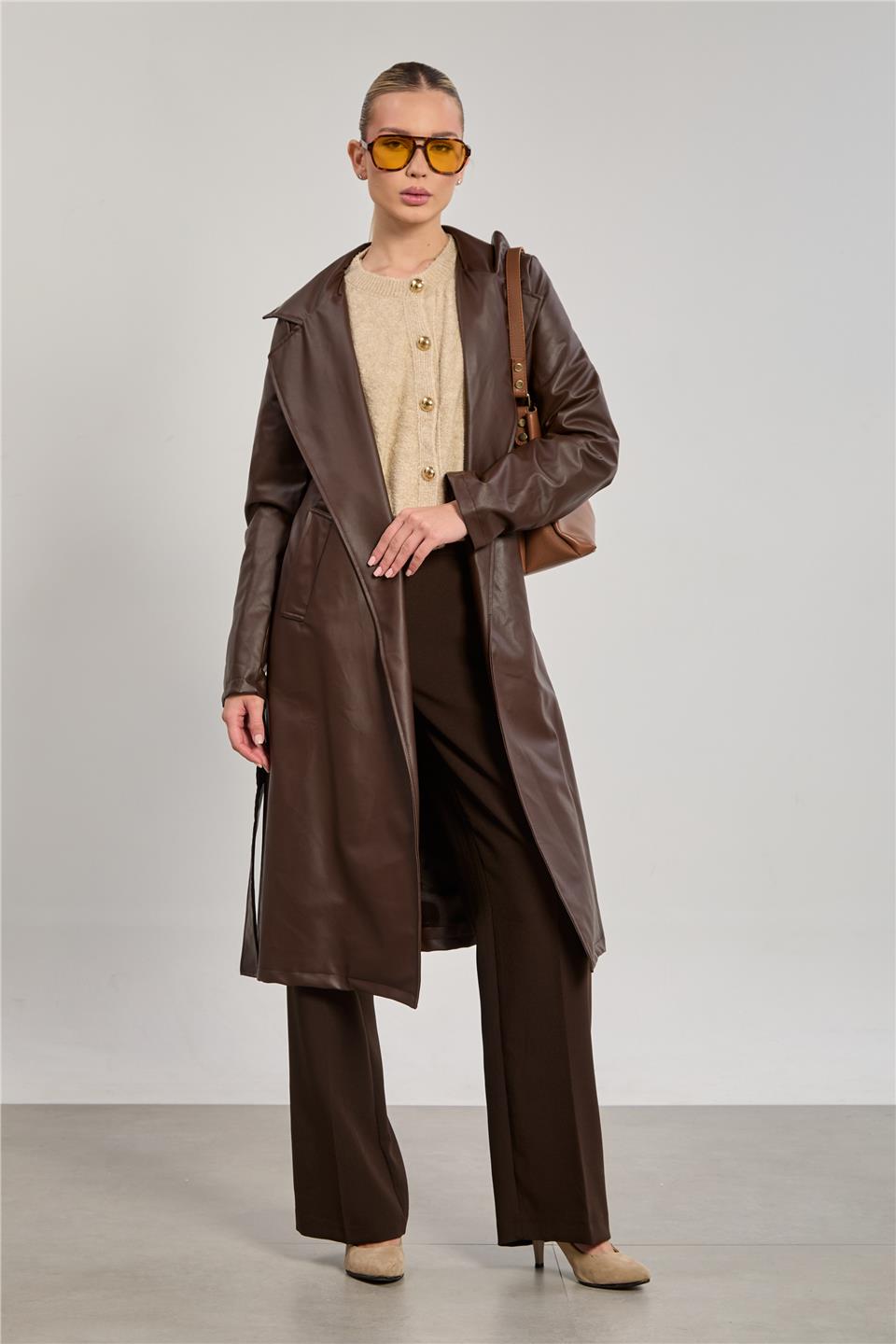 Kadın Deri Görünümlü Suni Trençkot - Acı Kahve