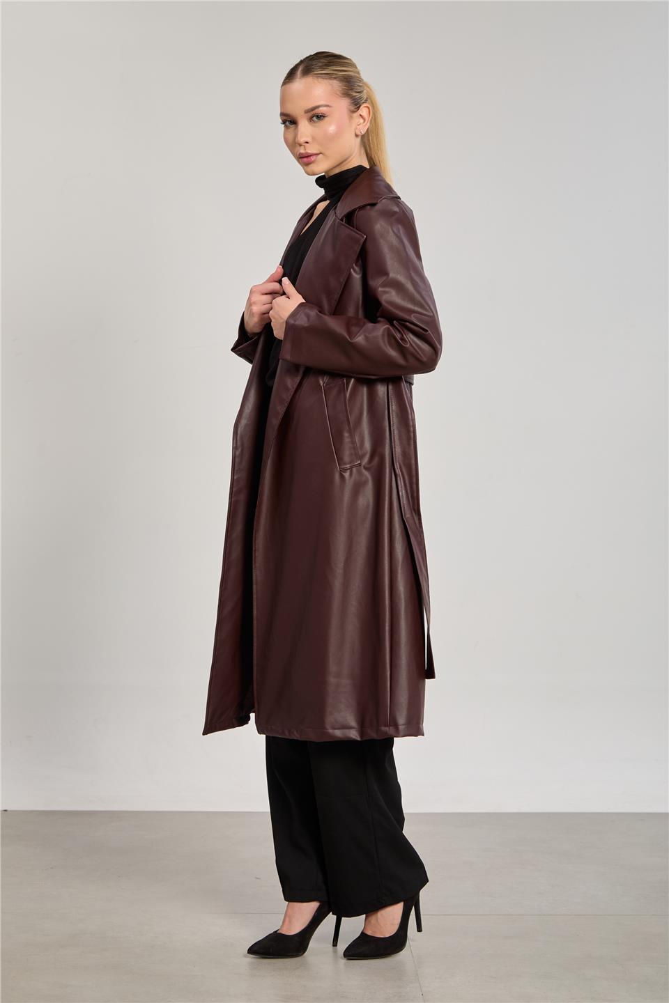 Kadın Deri Görünümlü Suni Trençkot - Bordo