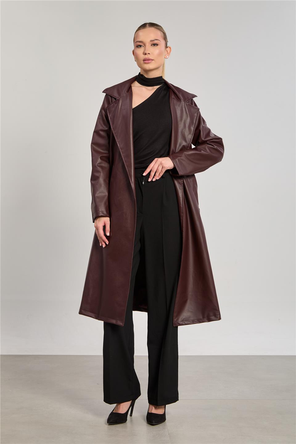 Kadın Deri Görünümlü Suni Trençkot - Bordo