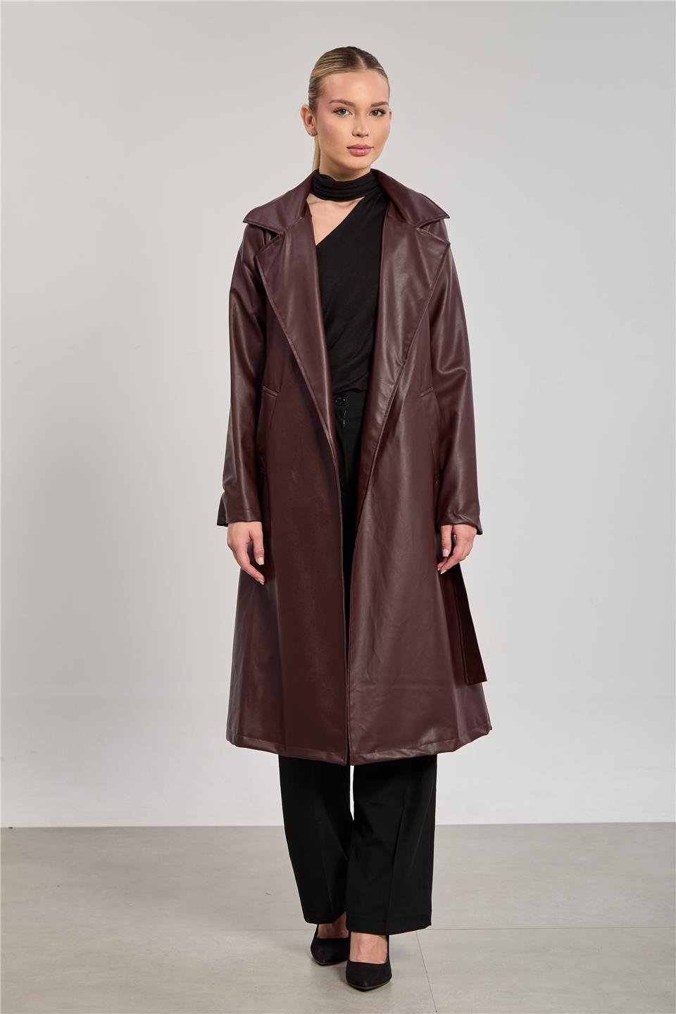 Kadın Deri Görünümlü Suni Trençkot - Bordo