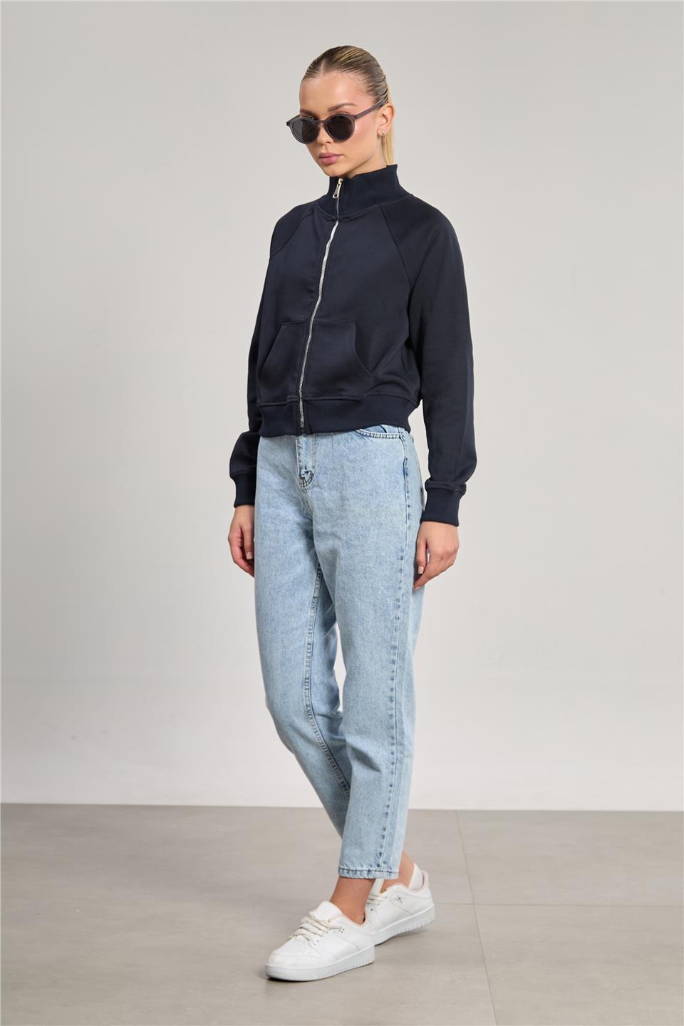 Kadın Dik Yaka Fermuarlı Sweatshirt - Lacivert 