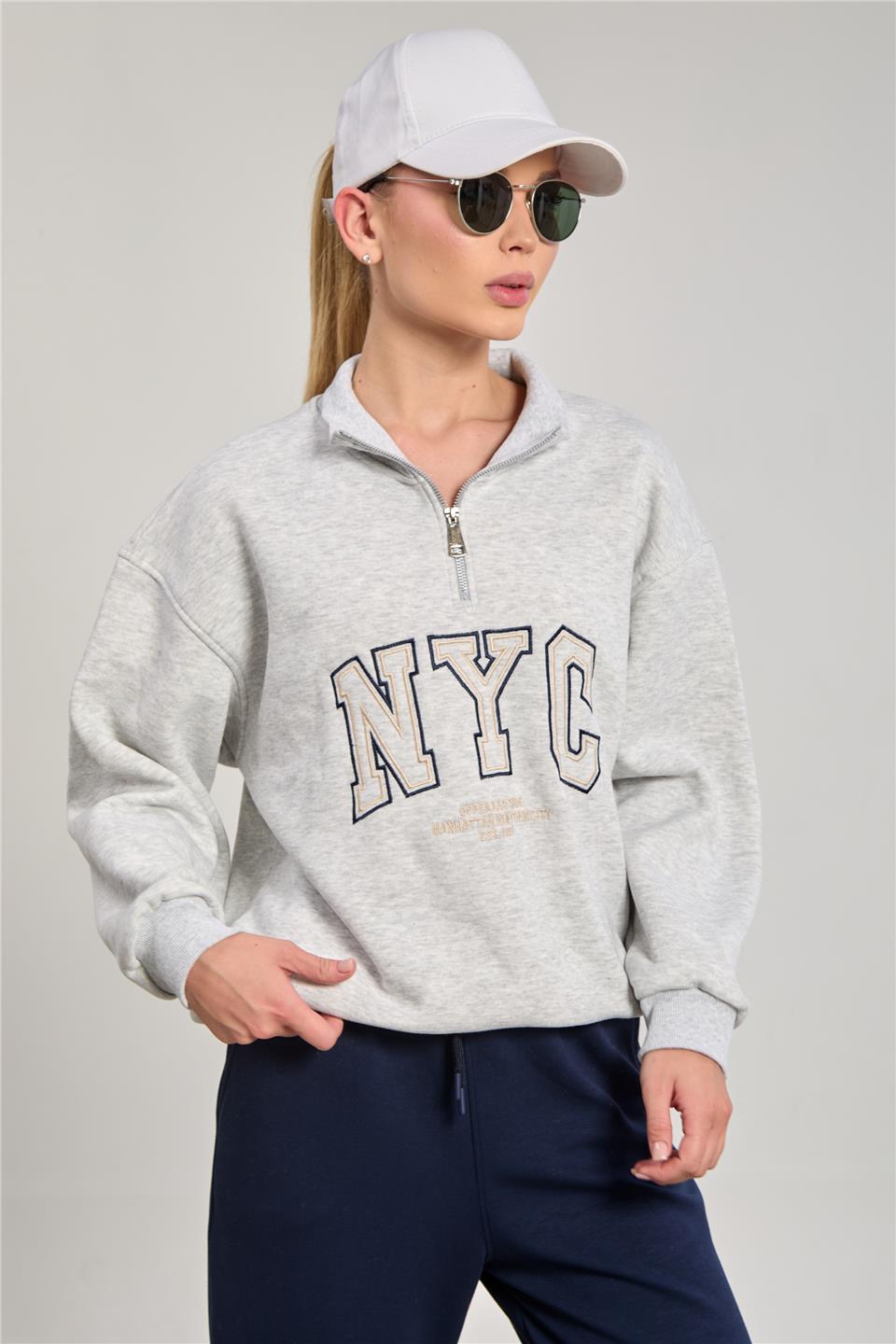 Kadın Dik Yaka Yarım Fermuarlı Baskılı Sweat - Kar Melanj