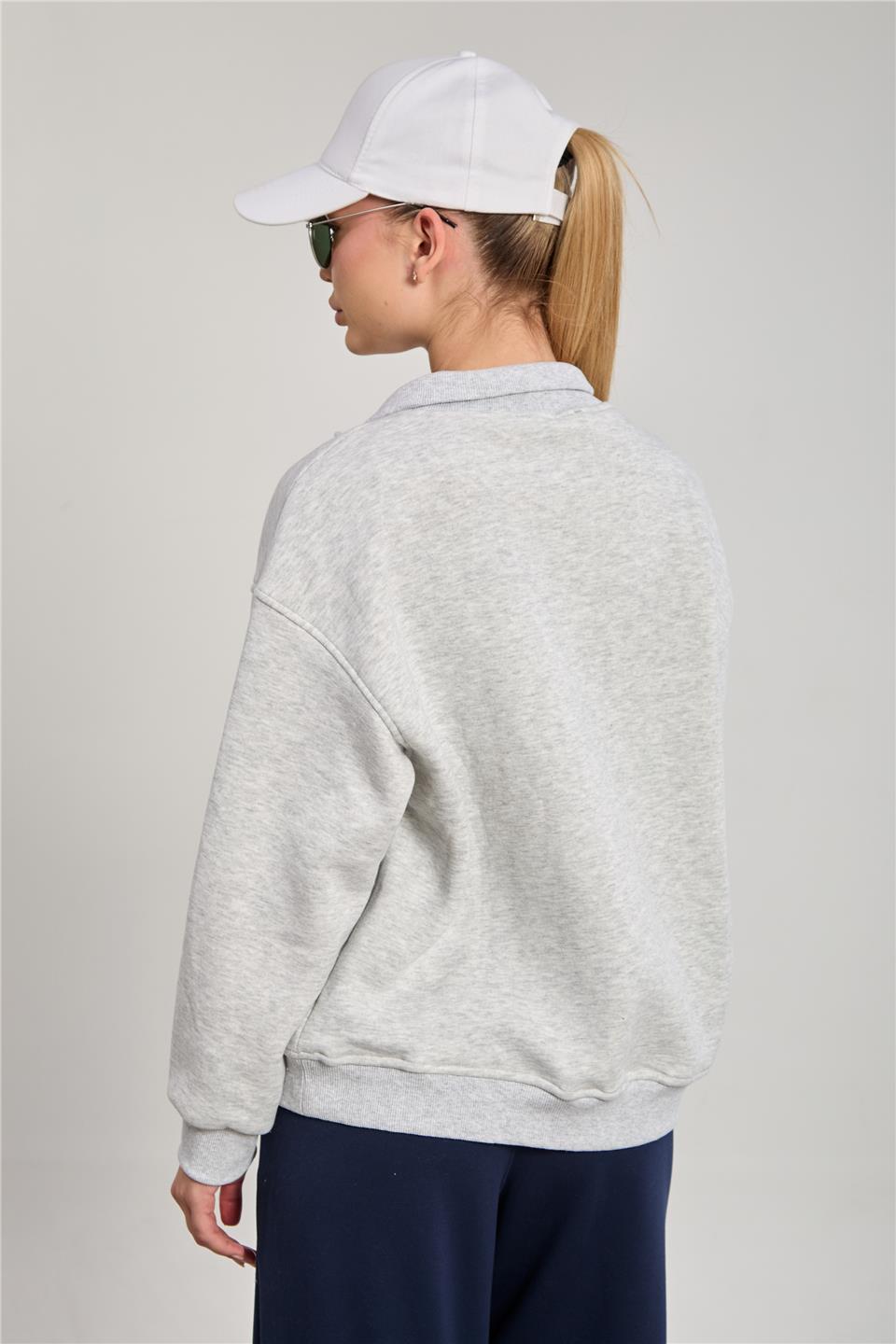 Kadın Dik Yaka Yarım Fermuarlı Baskılı Sweat - Kar Melanj