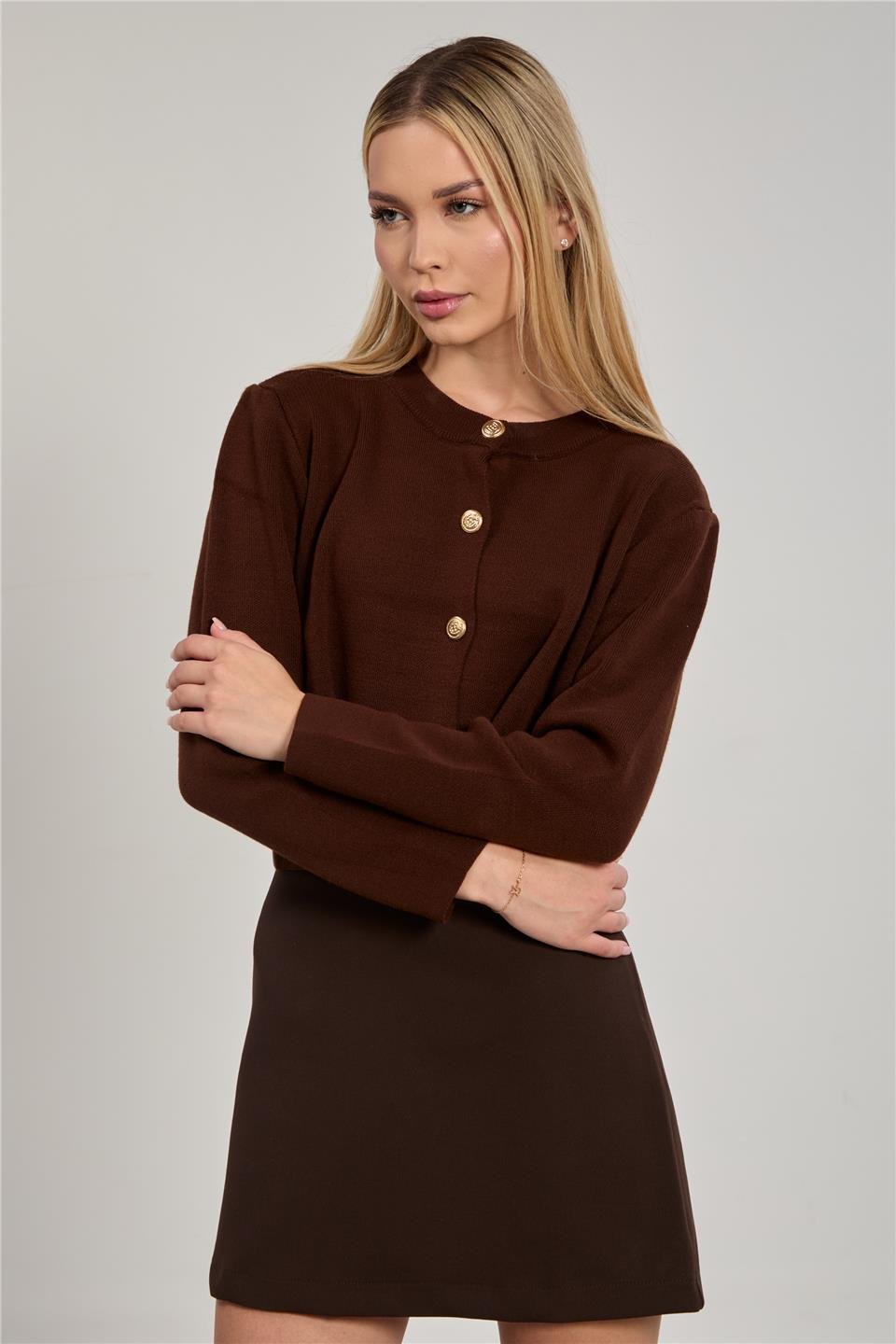 Kadın Düğmeli Triko Hırka - Acı Kahve