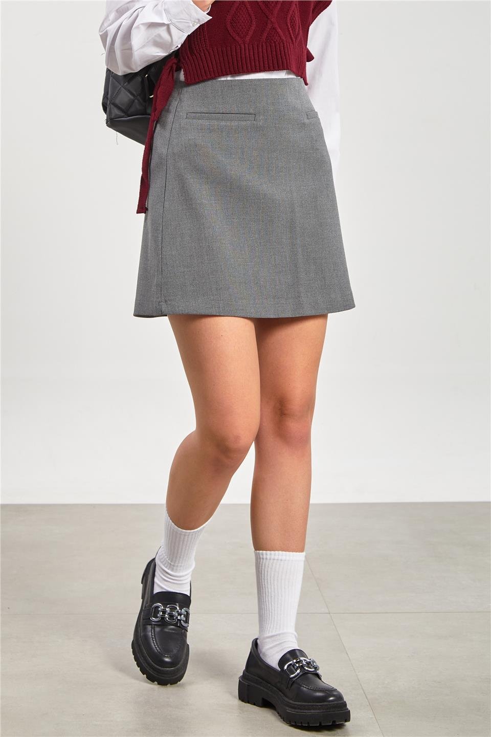 Kadın Fleto Cep Mini Etek - Okul Gri