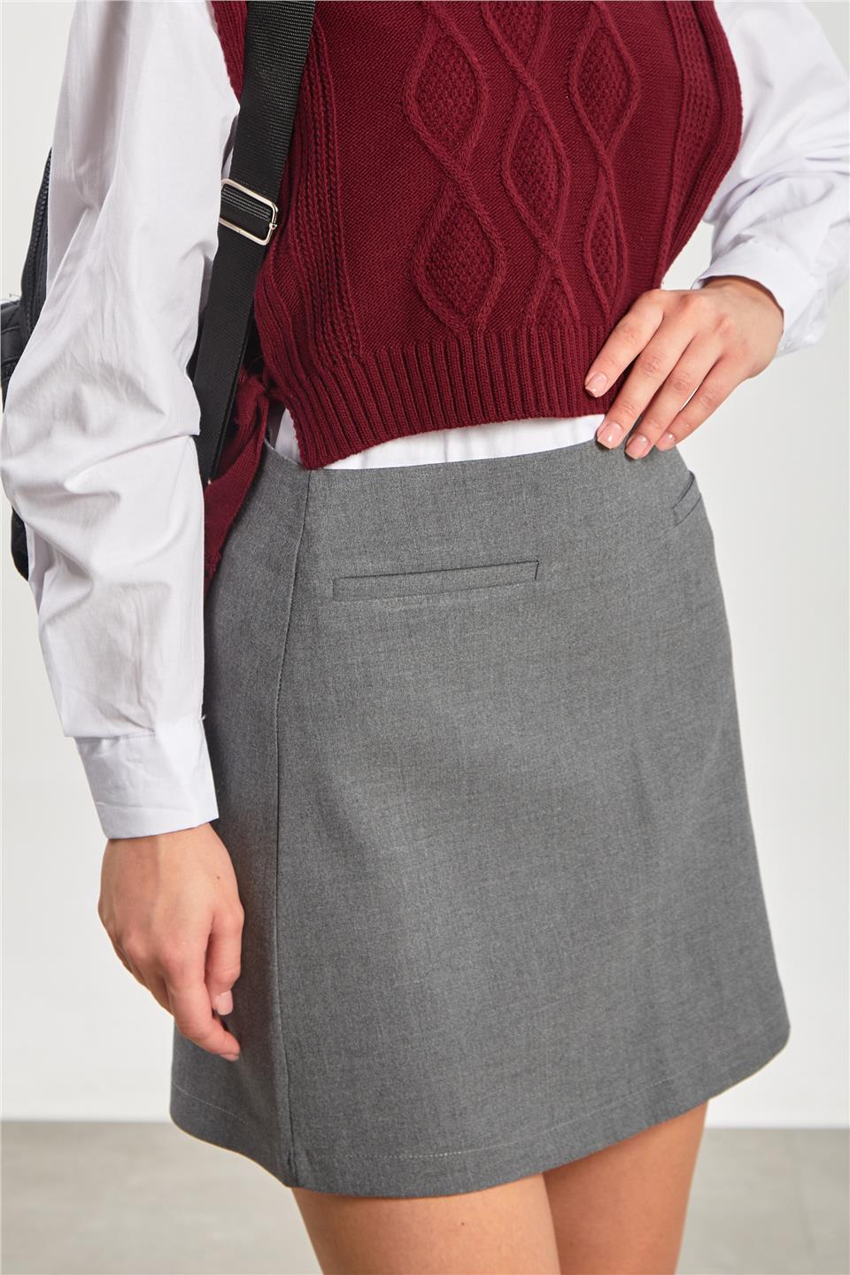 Kadın Fleto Cep Mini Etek - Okul Gri