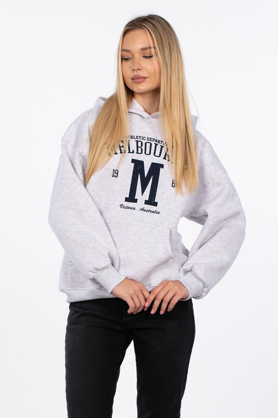 Kadın Kanguru Cep Melbourne Baskılı Sweatshirt - Kar Melanj
