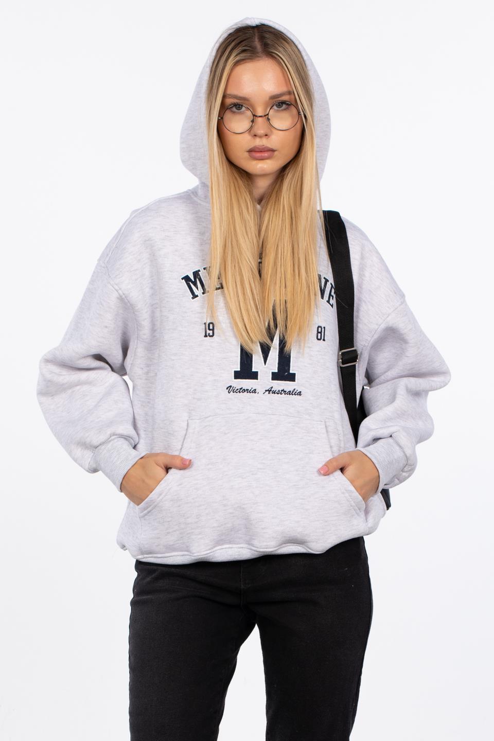 Kadın Kanguru Cep Melbourne Baskılı Sweatshirt - Kar Melanj
