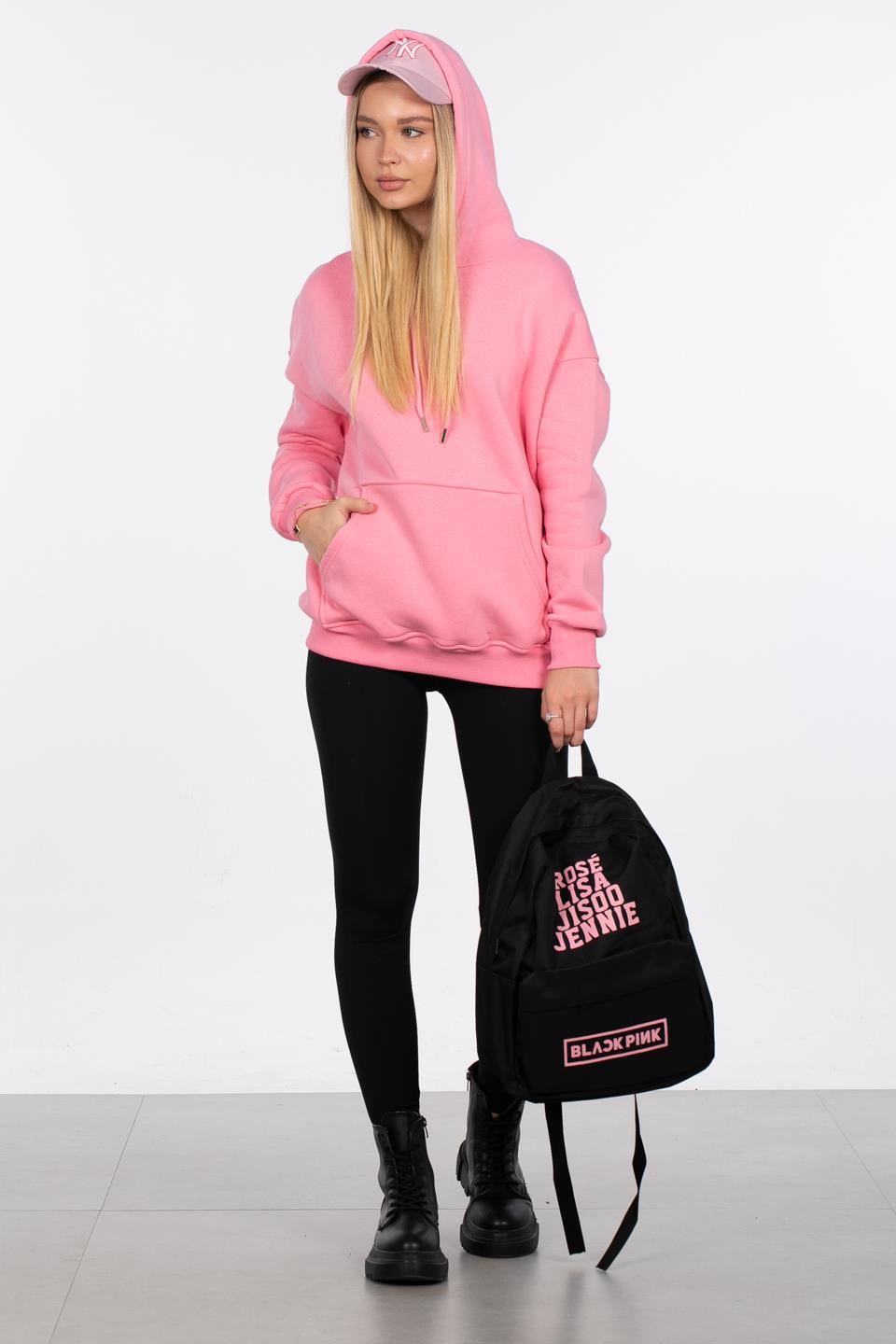 Kadın Kapüşonlu Kanguru Cep Sweatshirt - Pembe