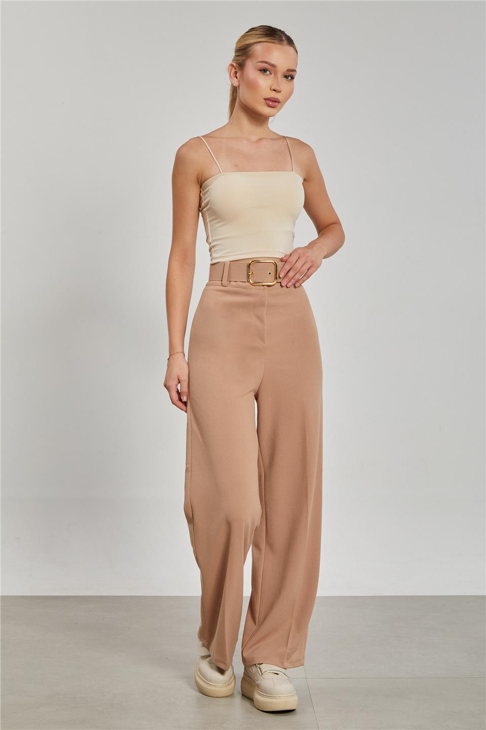 Kadın Kemerli Bol Paça Kumaş Pantolon - Taş