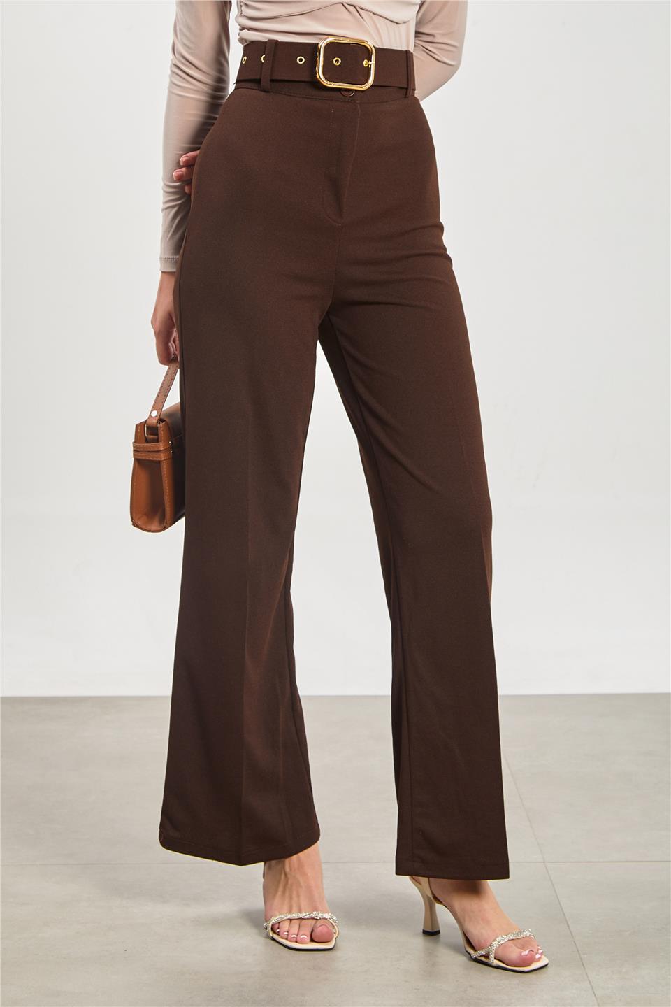 Kadın Kemerli Bol Paça Kumaş Pantolon - Kahve