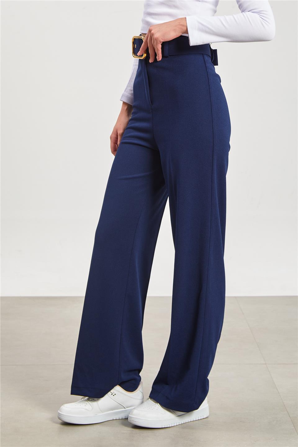 Kadın Kemerli Bol Paça Kumaş Pantolon - Lacivert