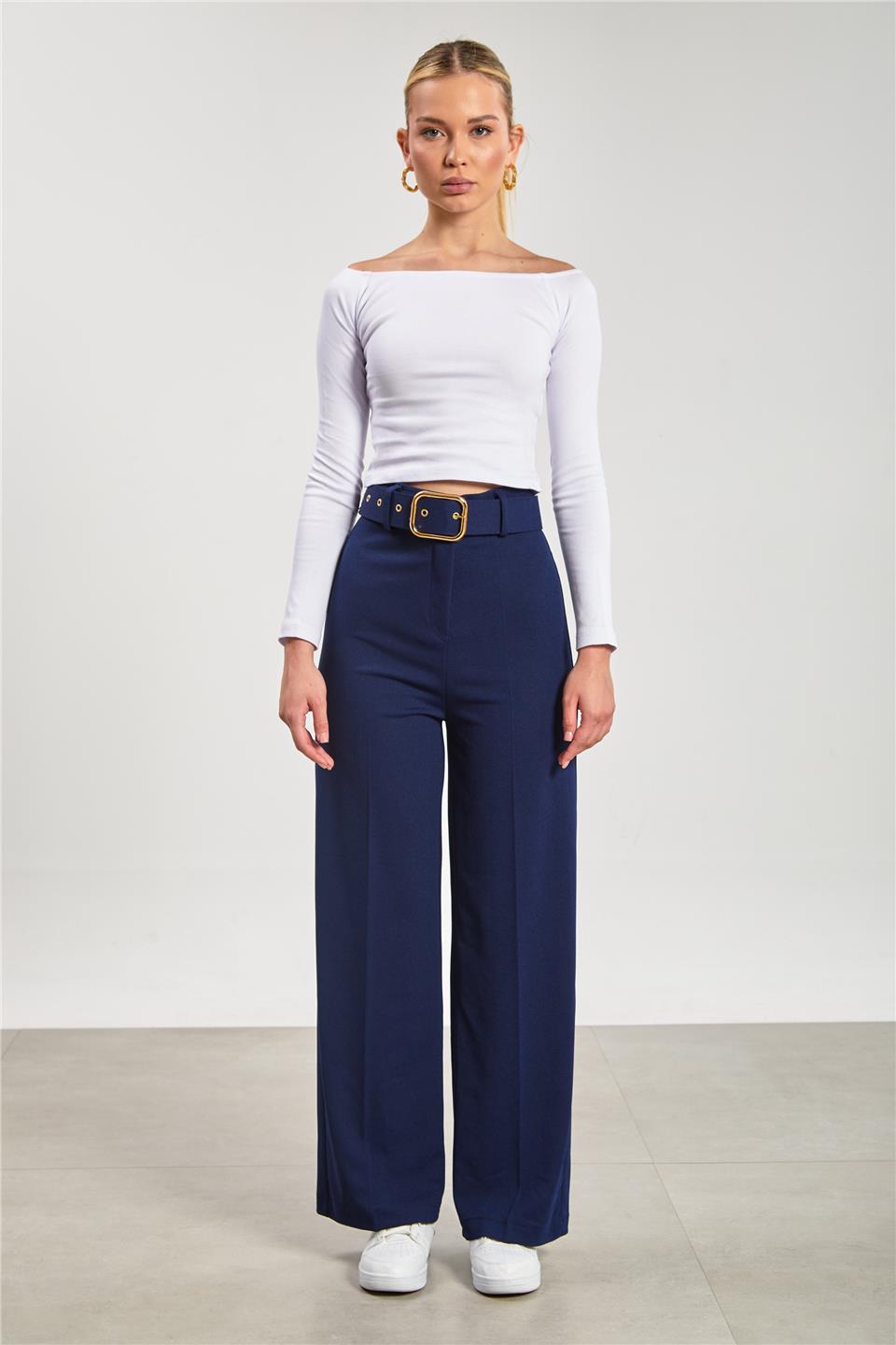 Kadın Kemerli Bol Paça Kumaş Pantolon - Lacivert