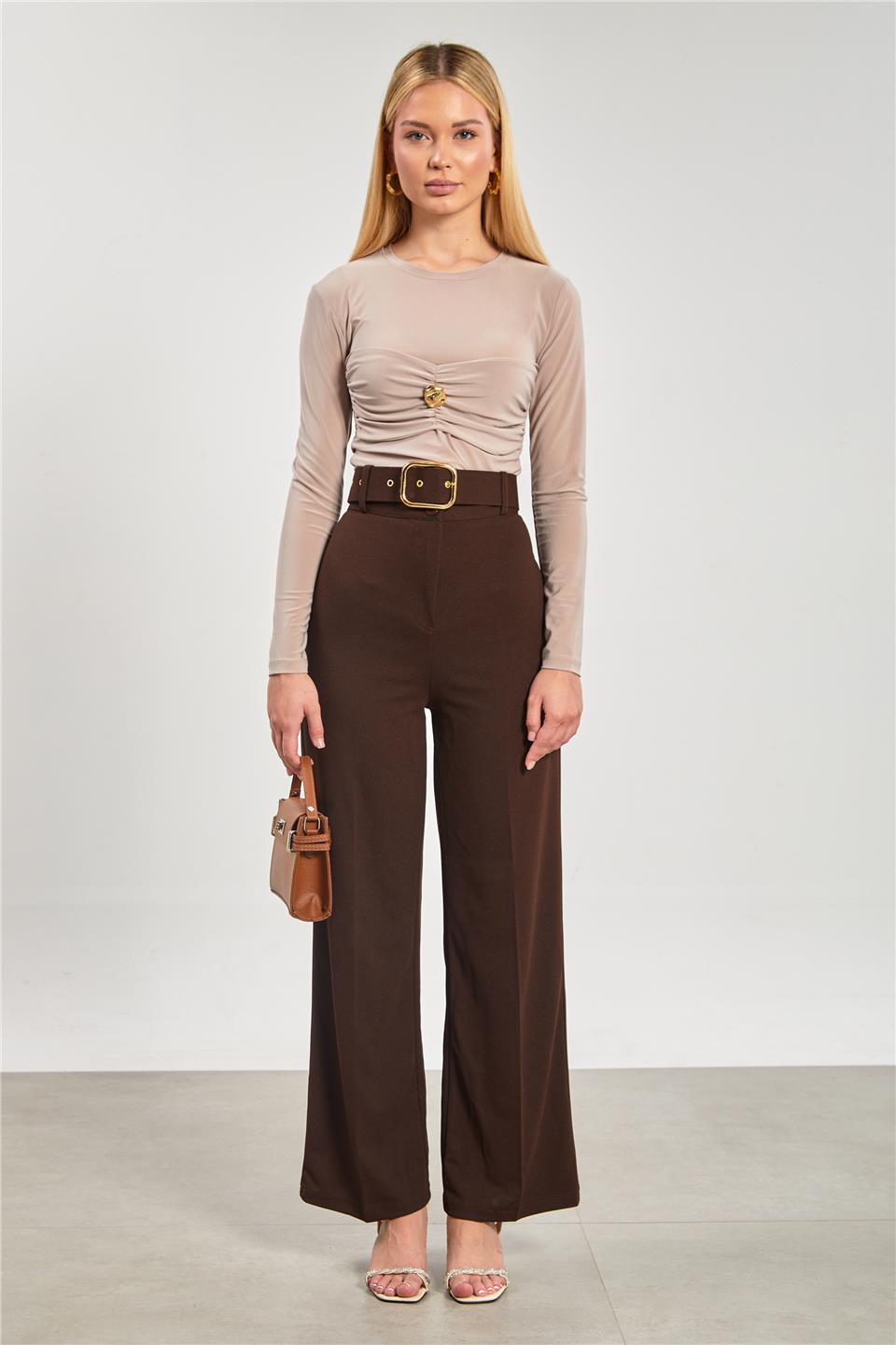 Kadın Kemerli Bol Paça Kumaş Pantolon - Kahve