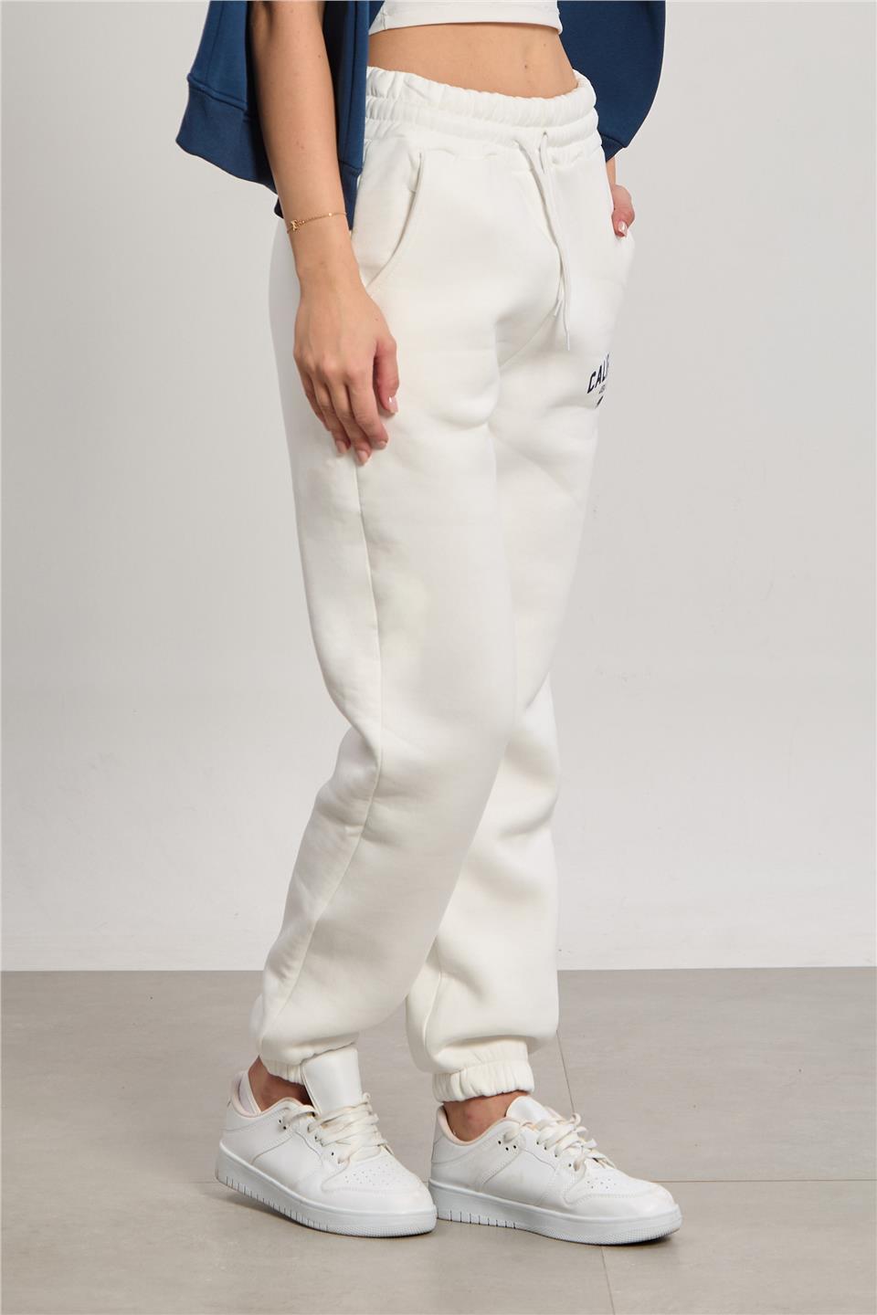 Kadın Paçası Lastikli California Baskılı Eşofman Altı - Ekru