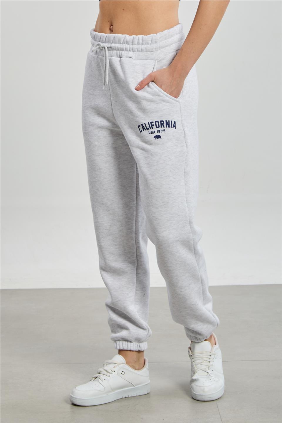 Kadın Paçası Lastikli California Baskılı Eşofman Altı - Kar Melanj 