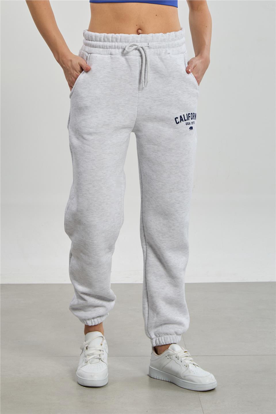 Kadın Paçası Lastikli California Baskılı Eşofman Altı - Kar Melanj 