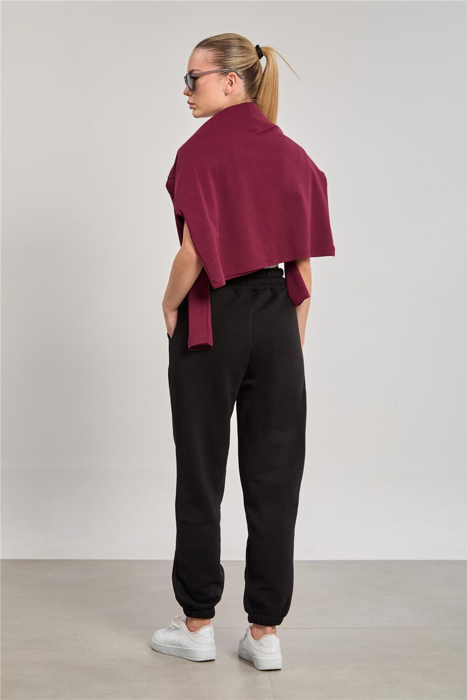 Kadın Paçası Lastikli California Basklı Eşofman Altı - Siyah