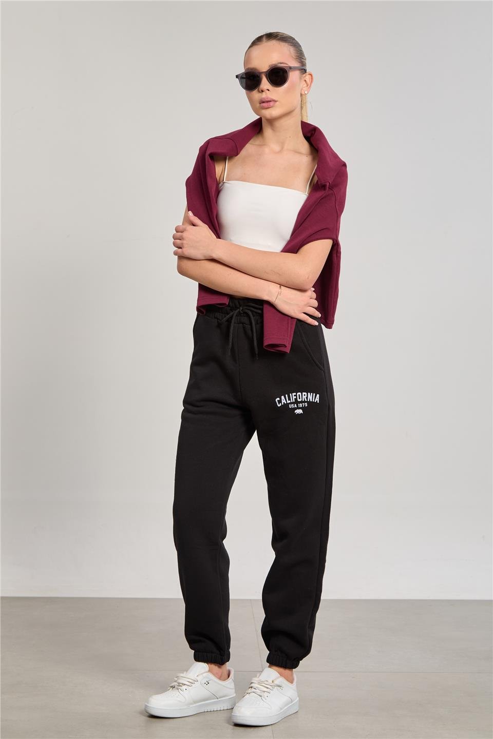 Kadın Paçası Lastikli California Basklı Eşofman Altı - Siyah