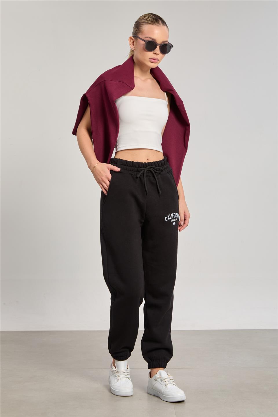 Kadın Paçası Lastikli California Basklı Eşofman Altı - Siyah
